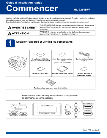 Brother HL-2280DW Monochrome Laser Fax Guide d'installation rapide | Fixfr