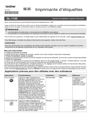 Brother QL-1100 Label Printer Guide d'installation rapide | Fixfr