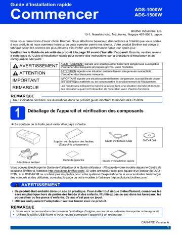 ADS-1000W | Brother ADS-1500W Document Scanner Guide d'installation rapide | Fixfr