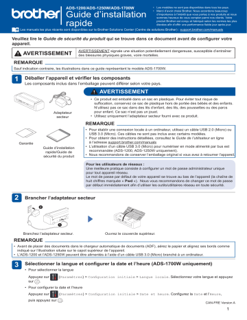 ADS-1700W | ADS-1200 | Brother ADS-1250W Document Scanner Guide d'installation rapide | Fixfr