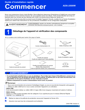 Brother ADS-2500W Document Scanner Guide d'installation rapide | Fixfr