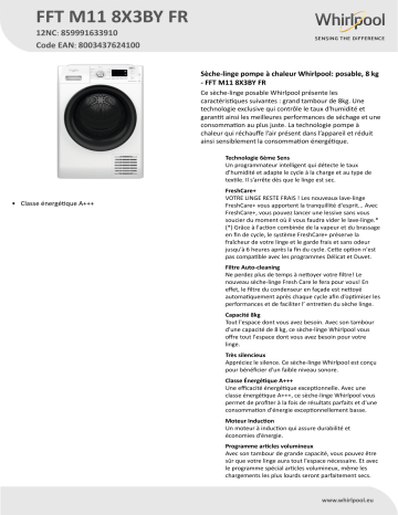 Whirlpool FFT M11 8X3BY FR Dryer Manuel utilisateur | Fixfr