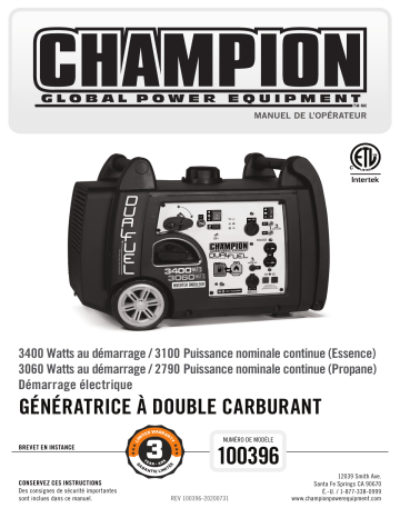 Champion Power Equipment 100396 3400-Watt Dual Fuel Inverter Manuel utilisateur | Fixfr