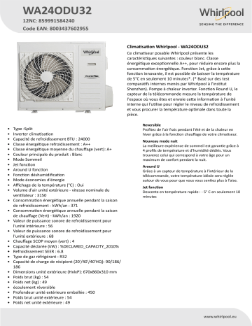 Whirlpool WA24ODU32 Air Conditioner Manuel utilisateur | Fixfr