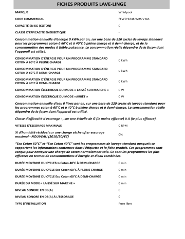 Whirlpool FFWD 9248 WBS V NA Washing machine Product information | Fixfr