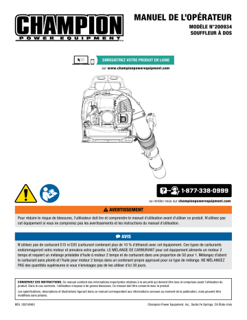 Champion Power Equipment 200934 42cc Backpack Leaf Blower Manuel utilisateur | Fixfr