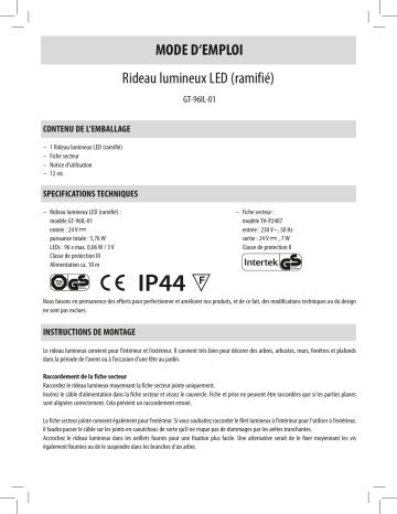 Globaltronics GT-160NL-01/GT-60SCL-01/GT-60FCL-01/GT-96IL-01 LED Netlight assortment Manuel utilisateur | Fixfr
