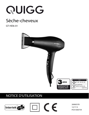 Quigg GT-HDb-01 Hairdryer Manuel utilisateur | Fixfr
