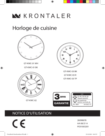 Krontaler GT-KWC-01 WH/GT-KWC-01 BK/GT-KWC-02/GT-KWC-03 B kitchen wall clock Manuel utilisateur | Fixfr