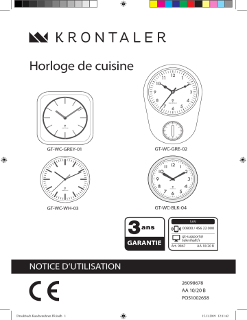 Krontaler GT-WC-GREY-01/WC-GRE-02/WC-WH-03/GT-WC-BLK-04 Kitchen Wall Clock Manuel utilisateur | Fixfr