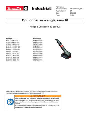 EABS12-1100-4S (6151660890) | EABS8-1500-4S (6151660870) | EABS BACK SUSPENSION (6158132960) | Black angle head protective cover (6158132500) | EABS12-1100-10S (6151660900) | EABS8-1500-4Q (6151660880) | Desoutter DTH TWIN (6158114110) Accessory Mode d'emploi | Fixfr