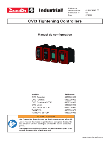 CVI3 Vision - eStop (6159326940) | CVI3 Vision (6159326910) | CVI3 Function - eStop (6159326930) | CVI3 Function (6159326900) | TWINCVI3 - eStop (6159326980) | TWINCVI3 (6159326970) | Desoutter CVI3 Essential (6159326950) Electric Assembly System Mode d'emploi | Fixfr