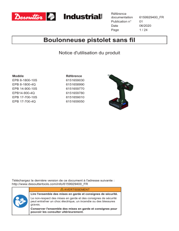 EPB 14-900-4Q (6151659780) | Virtual Cable Tracker EPB-BLRT (6158132600) | EPB 17-700-10S (6151659010) | EPB 8-1800-4Q (6151658990) | Reaction handle for ECS (6153970160) | EPB 14-900-10S (6151659770) | Desoutter Side Handle (6153970160) Accessory Mode d'emploi | Fixfr