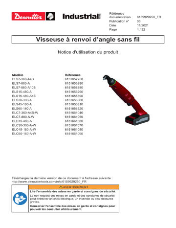 Black angle head protective cover (6153976720) | ELS 60-160-A (6151656320) | Grey Protective cover for angle head body (6152110270) | Red Protective cover for angle head body (6152110260) | Blue Protective cover for angle head body (6152110250) | Desoutter ELC60-160-A-W (6151661090) Battery Assembly Tool Mode d'emploi | Fixfr