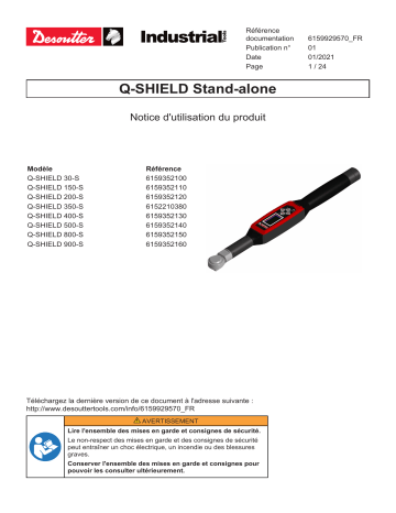 Q-SHIELD 200-S (6159352120) | Q-SHIELD 500-S (6159352140) | Q-SHIELD 30-S (6159352100) | Delta wrench battery (6159361500) | Q-SHIELD 800-S (6159352150) | Q-SHIELD 400-S (6159352130) | Q-SHIELD 900-S (6159352160) | Desoutter Q-SHIELD 350-S (6152210380) Torque Measurement System Mode d'emploi | Fixfr