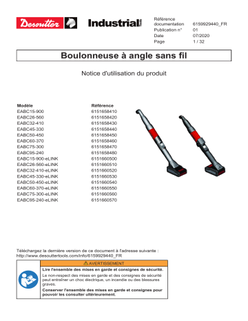 EABC 50-450 (6151658450) | EABC 75-300 eLINK (6151660560) | EABC 15-900 eLINK (6151660500) | EABC 45-330 (6151658440) | EABC 75-300 (6151658470) | EABC 95-240 (6151658480) | EABC 60-370 (6151658460) | Desoutter EABC 60-370 eLINK (6151660550) Battery Assembly Tool Mode d'emploi | Fixfr