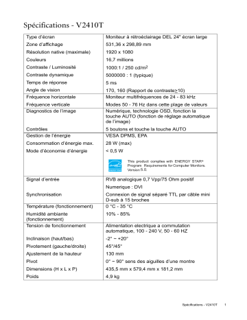 BenQ V2410T LCD MONITOR spécification | Fixfr