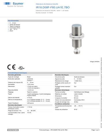 Baumer IR18.D08F-F60.UA1E.7BO Inductive distance sensor Fiche technique | Fixfr