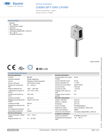 Baumer O300H.SP.T-GW1J.PVNV SmartReflect Light barrier Fiche technique | Fixfr