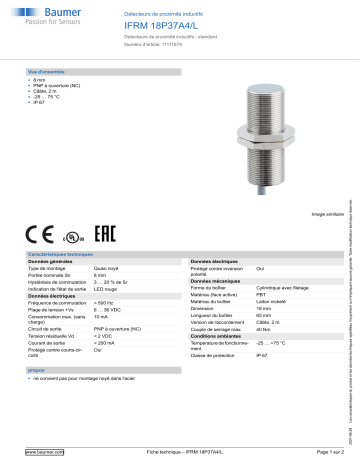 Baumer IFRM 18P37A4/L Inductive proximity switch Fiche technique | Fixfr