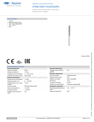 Baumer IFRM 04N17A3/KS35PL Inductive proximity switch Fiche technique | Fixfr