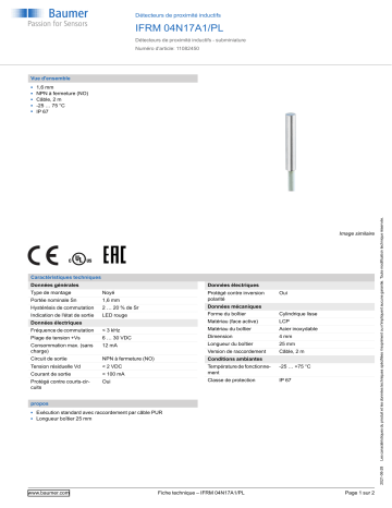 Baumer IFRM 04N17A1/PL Inductive proximity switch Fiche technique | Fixfr