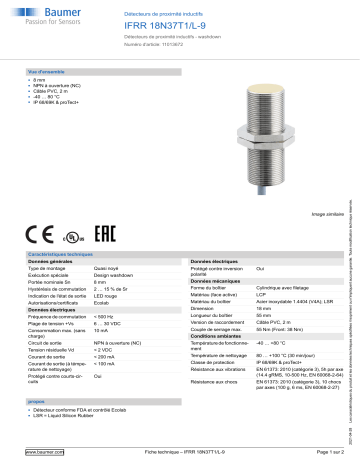 Baumer IFRR 18N37T1/L-9 Inductive proximity switch Fiche technique | Fixfr