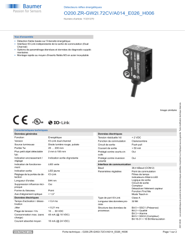 Baumer O200.ZR-GW2I.72CV/A014_E026_H006 Diffuse sensor Fiche technique | Fixfr