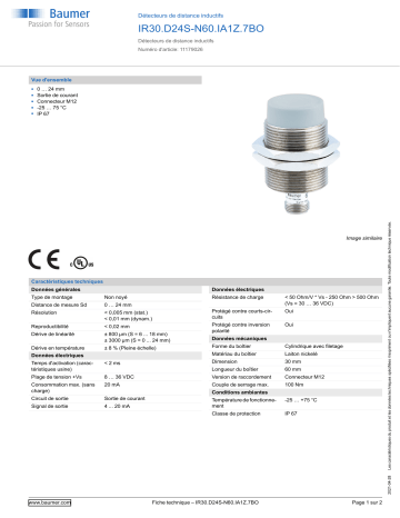 Baumer IR30.D24S-N60.IA1Z.7BO Inductive distance sensor Fiche technique | Fixfr