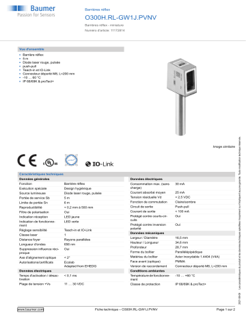 Baumer O300H.RL-GW1J.PVNV Retro-reflective sensor Fiche technique | Fixfr