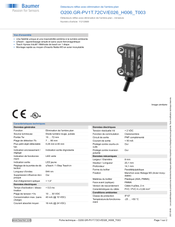 Baumer O200.GR-PV1T.72CV/E026_H006_T003 Diffuse sensor Fiche technique | Fixfr