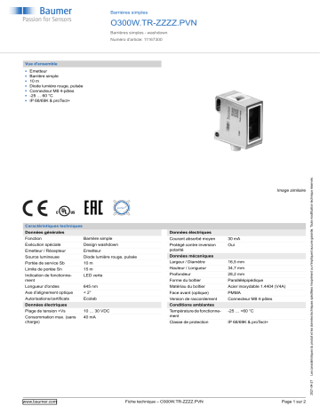 Baumer O300W.TR-ZZZZ.PVN Through beam sensor Fiche technique | Fixfr