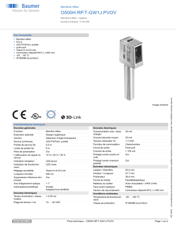 Baumer O500H.RP.T-GW1J.PVOV Retro-reflective sensor Fiche technique | Fixfr