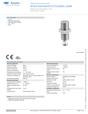 Baumer IR18.P10S-F60.PO1Z.7CO/Z001_E009 Inductive proximity switch Fiche technique | Fixfr