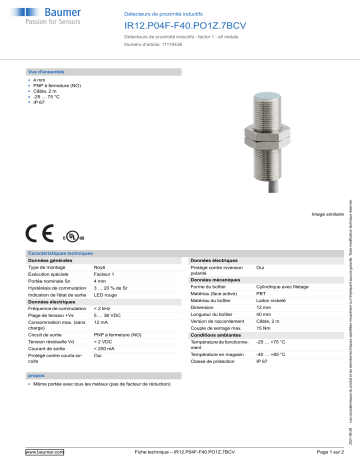 Baumer IR12.P04F-F40.PO1Z.7BCV Inductive proximity switch Fiche technique | Fixfr