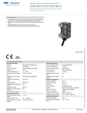 Baumer O200.GR.F-PV1Z.72CV/BX15 Diffuse sensor Fiche technique | Fixfr