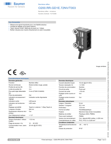 Baumer O200.RR-GD1E.72NV/T003 Retro-reflective sensor Fiche technique | Fixfr