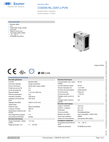 Baumer O300W.RL-GW1J.PVN Retro-reflective sensor Fiche technique | Fixfr