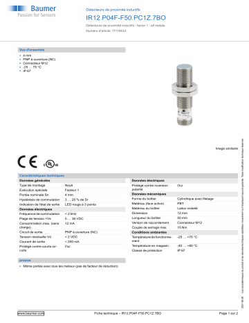 Baumer IR12.P04F-F50.PC1Z.7BO Inductive proximity switch Fiche technique | Fixfr