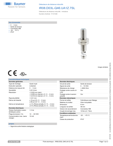 Baumer IR08.D03L-Q46.UA1Z.7SL Inductive distance sensor Fiche technique | Fixfr
