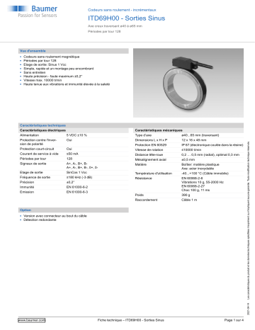 Baumer ITD69H00 - Sine signal Encoder Fiche technique | Fixfr