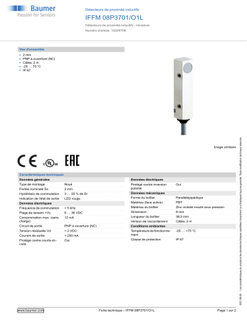 Baumer IFFM 08P3701/O1L Inductive proximity switch Fiche technique | Fixfr