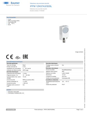 Baumer IFFM 12N37A3/S05L Inductive proximity switch Fiche technique | Fixfr