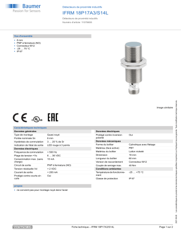 Baumer IFRM 18P17A3/S14L Inductive proximity switch Fiche technique | Fixfr