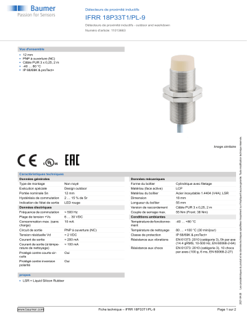 Baumer IFRR 18P33T1/PL-9 Inductive proximity switch Fiche technique | Fixfr