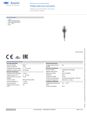 Baumer IFRM 05N15A1/KS35PL Inductive proximity switch Fiche technique | Fixfr