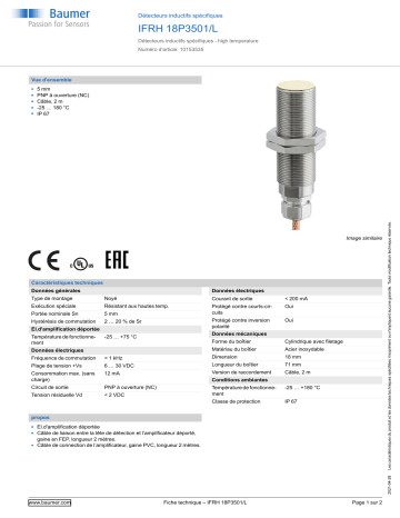 Baumer IFRH 18P3501/L Inductive sensors special version Fiche technique | Fixfr