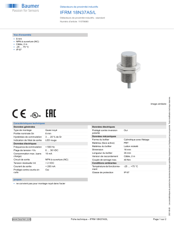 Baumer IFRM 18N37A5/L Inductive proximity switch Fiche technique | Fixfr