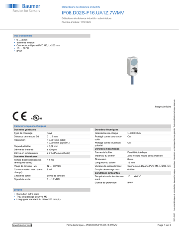 Baumer IF08.D02S-F16.UA1Z.7WMV Inductive distance sensor Fiche technique | Fixfr