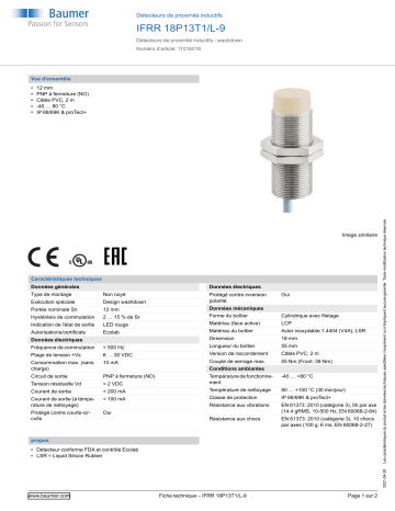 Baumer IFRR 18P13T1/L-9 Inductive proximity switch Fiche technique | Fixfr